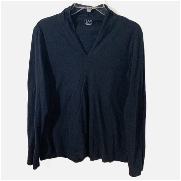 Flax 100% Cotton Long Sleeve V-Neck Basic Tee Shirt Navy Blue Layering Casual 🟦 - Picture 1 of 9
